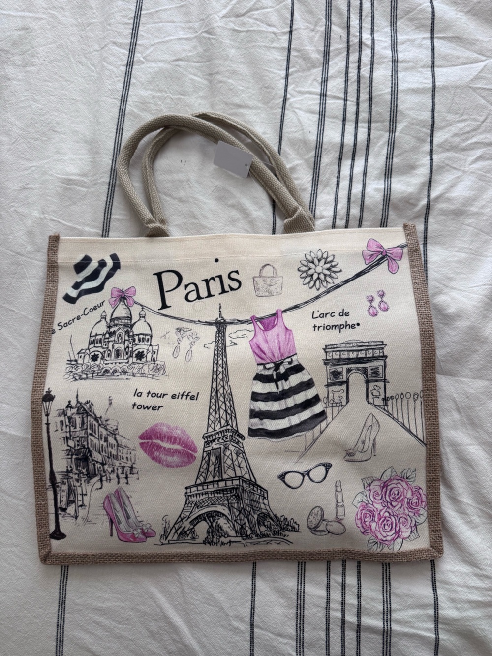 Paris Illustration Canvas Tote Bag in Pink and Black